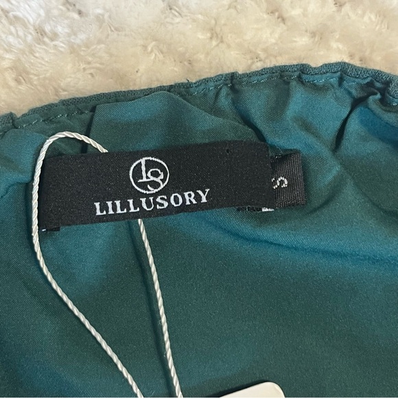 LILLUSORY One Shoulder Mini Dress Wrap Ruched Tie Waist Dark Green Small NWT - Picture 8 of 10